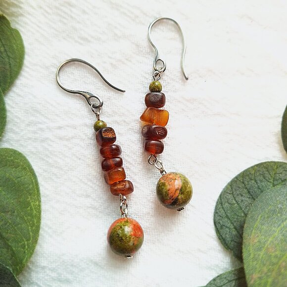 Earthy Boho Gemstone Earrings, Unakite & Sea Glass Earrings, Rustic Western - Picture 1 of 7